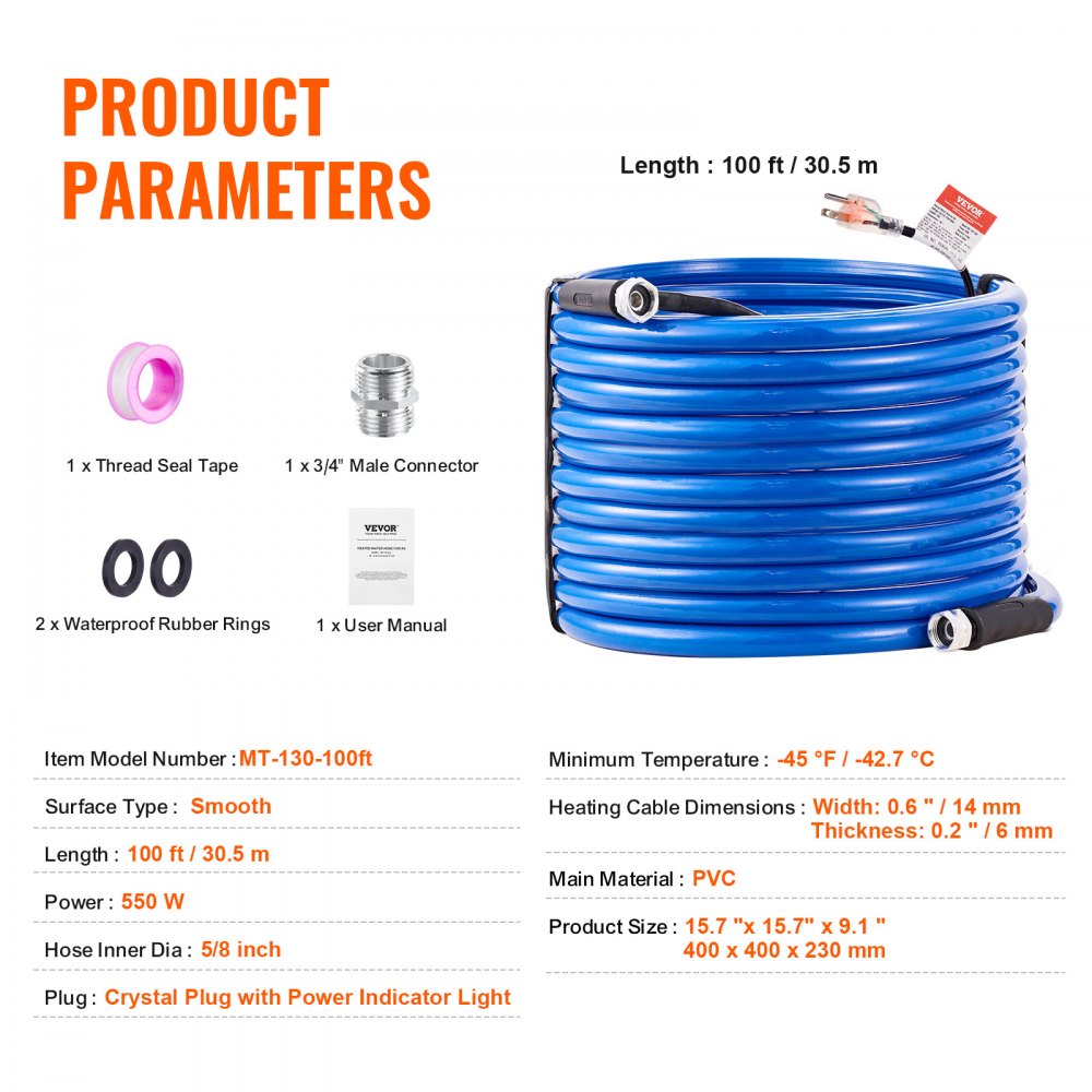 100ft Heated Water Hose for RV, Heated Drinking Water Hose Antifreeze to -45°F, Automatic Self-regulating, 5/8" I.D. with 3/4" GHT Adapter, Lead and BPA Free