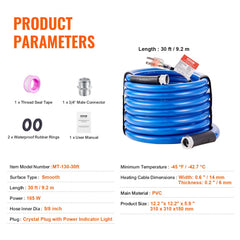 30ft Heated Water Hose for RV, Heated Drinking Water Hose Antifreeze to -45°F, Automatic Self-regulating, 5/8" I.D. with 3/4" GHT Adapter, Lead and BPA Free