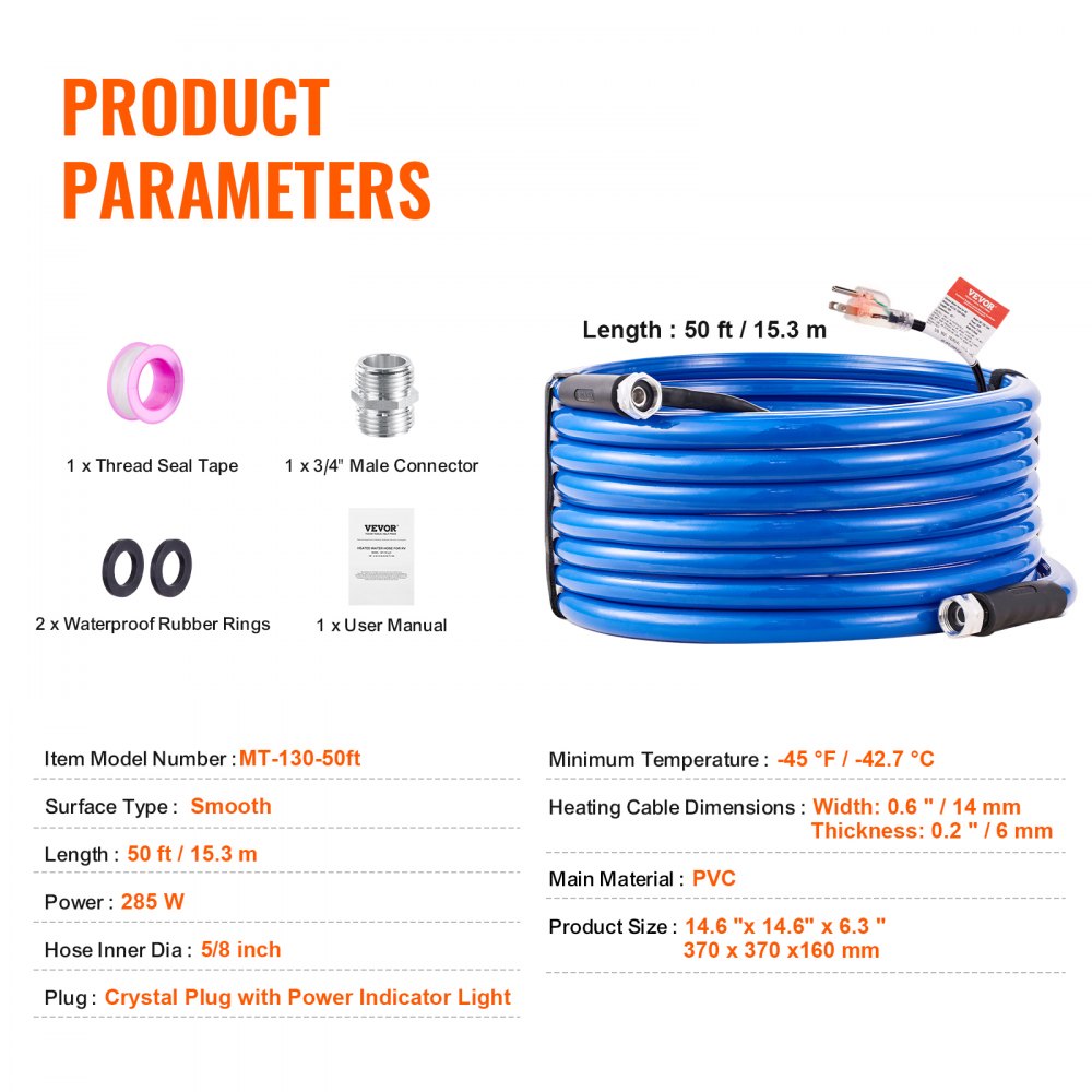 50ft Heated Water Hose for RV, Heated Drinking Water Hose Antifreeze to -45°F, Automatic Self-regulating, 5/8" I.D. with 3/4" GHT Adapter, Lead and BPA Free