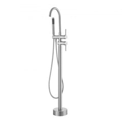 Brushed brass freestanding bathtub faucet with 360° swivel spout and handheld shower.