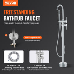 Brushed brass freestanding bathtub faucet with 360-degree swivel spout and handheld shower.