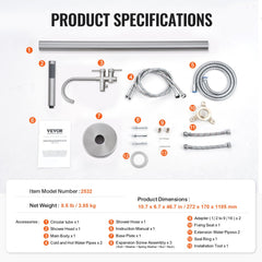 Components of a freestanding bathtub faucet set including pipes, hoses, shower head, and mounting parts.