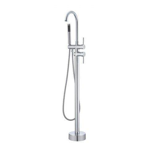 Silver freestanding bathtub faucet with floor mount, 360° rotating spout, two modes, and handheld shower.