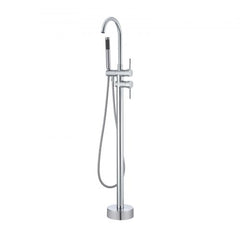Silver freestanding bathtub faucet with floor mount, 360° rotating spout, two modes, and handheld shower.