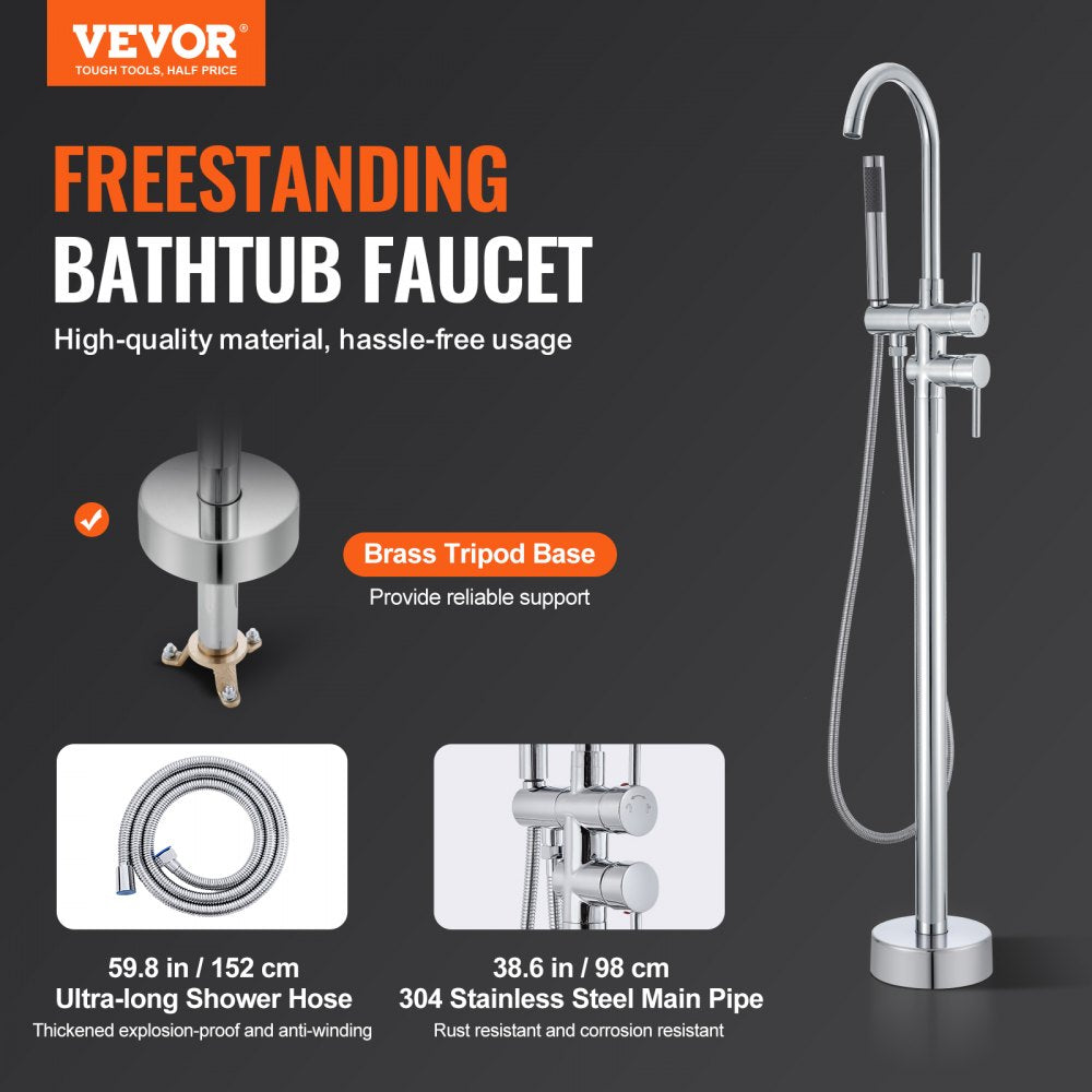 Freestanding bathtub faucet with floor mount, 360-degree rotation, and two modes.