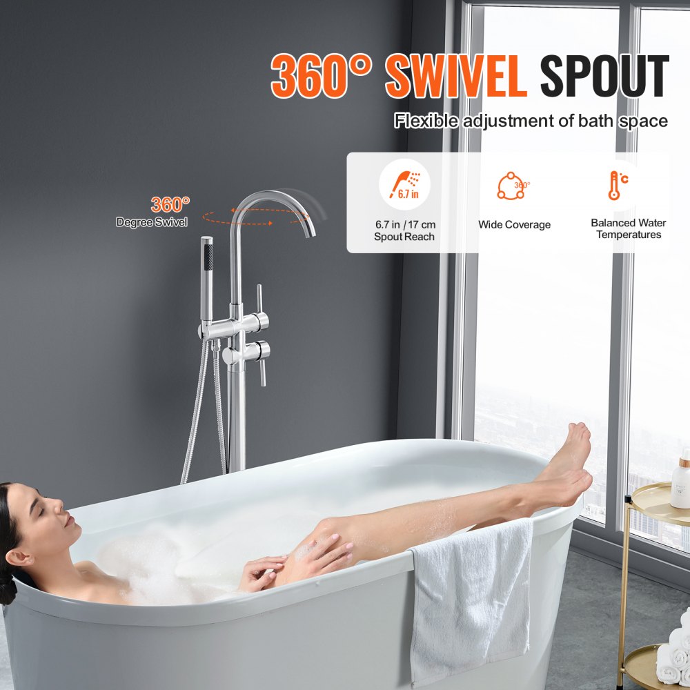 Freestanding bathtub faucet with 360-degree swivel spout and two modes, floor-mounted beside a white tub.