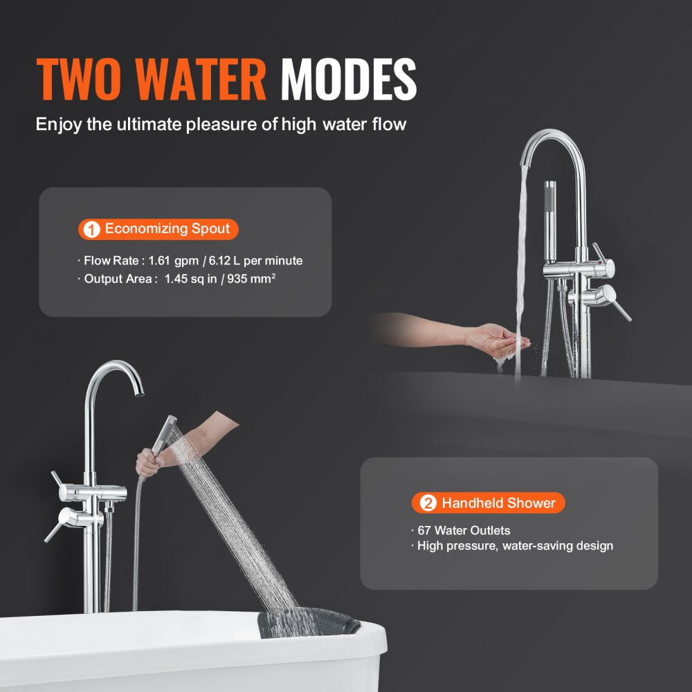 Freestanding bathtub faucet with floor mount, 360-degree rotation, and two water modes.