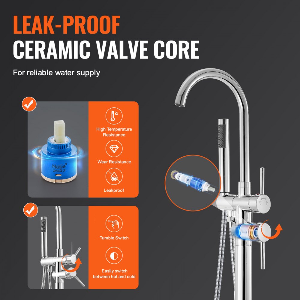 Freestanding bathtub faucet with floor mount, 360° rotation, two water flow modes, and handheld shower.