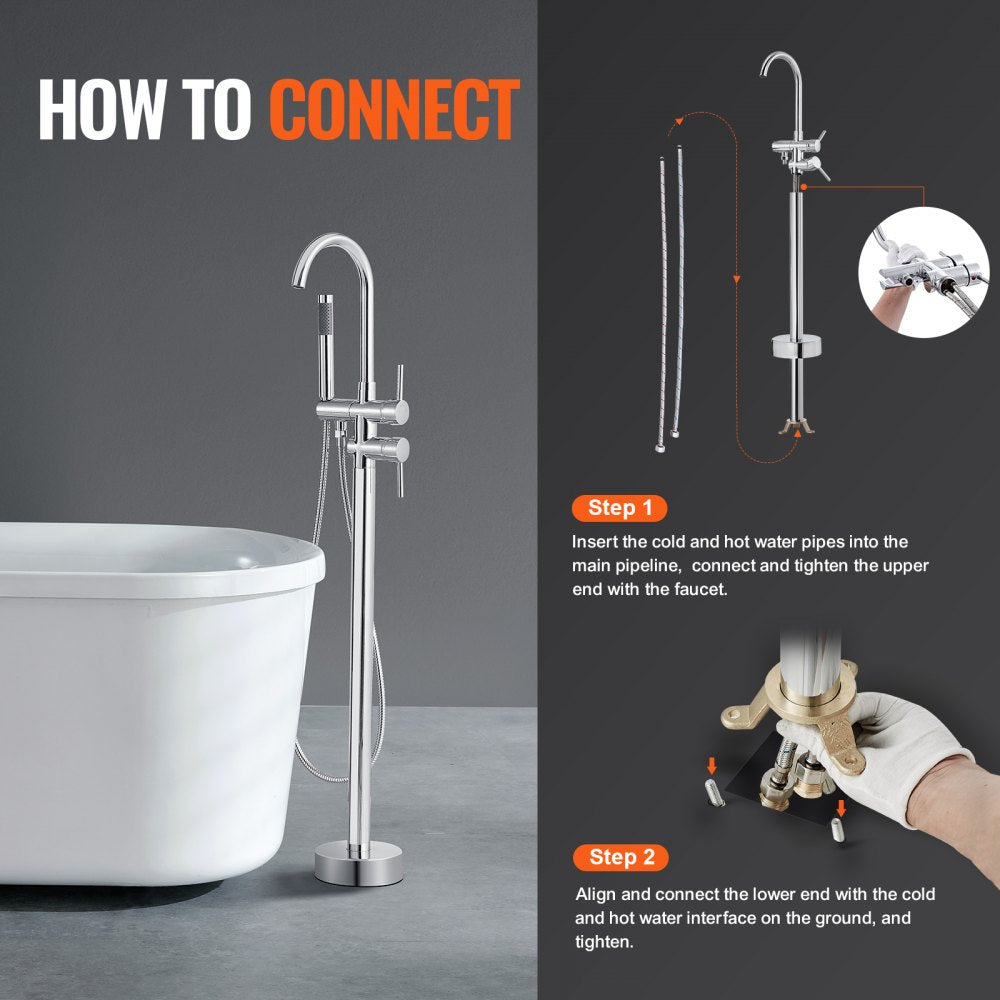 Infographic showing two steps to connect a freestanding bathtub faucet to water pipes.