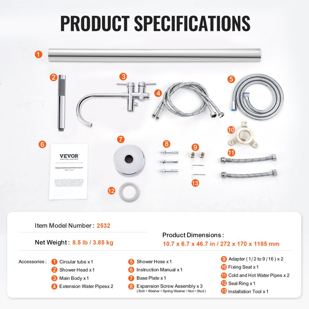 Freestanding bathtub faucet with floor mount, 360° rotation, handheld shower, and flexible hose.