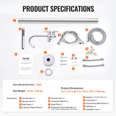 Freestanding bathtub faucet with floor mount, 360° rotation, handheld shower, and flexible hose.