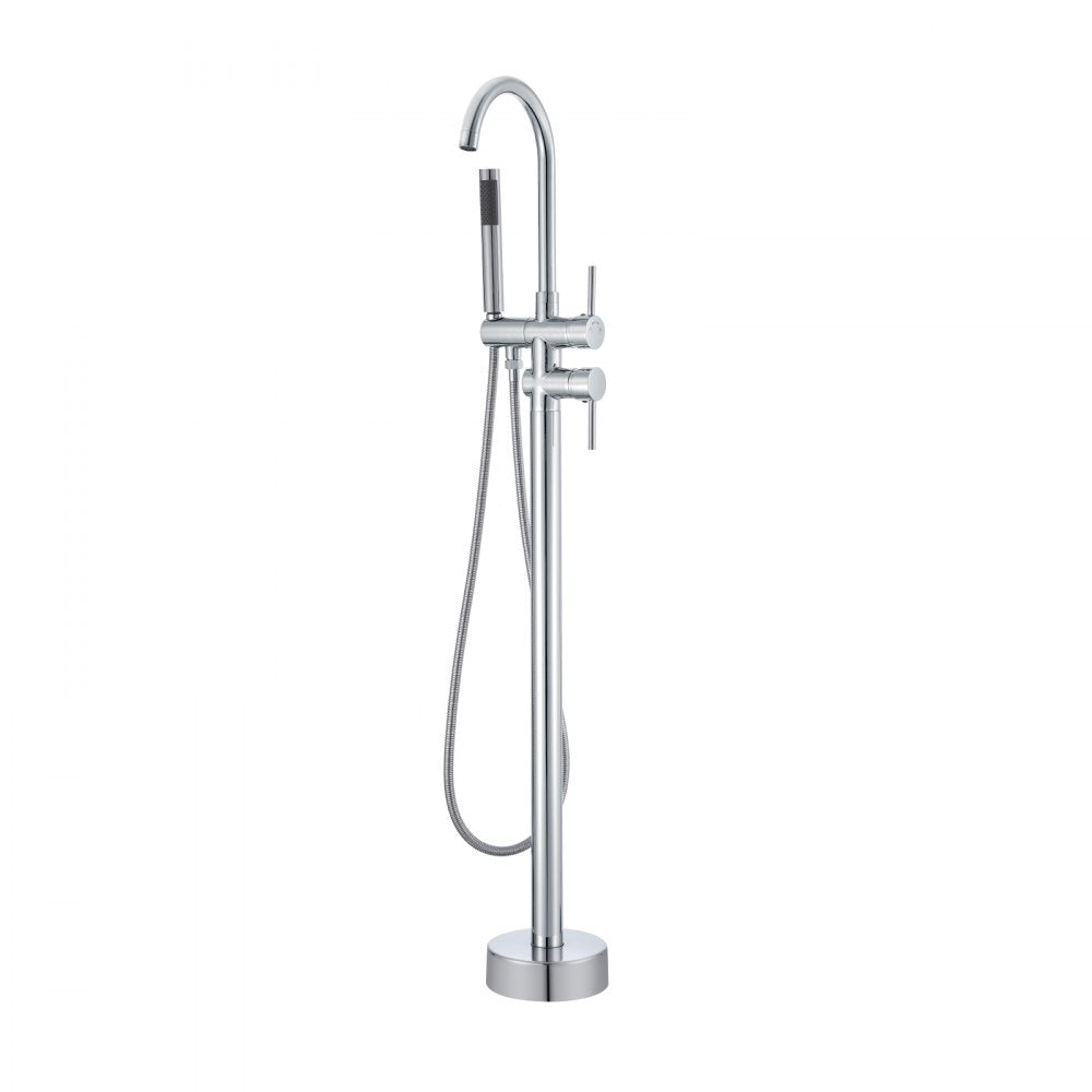 Freestanding bathtub faucet with floor mount, 360° rotation, and two modes.