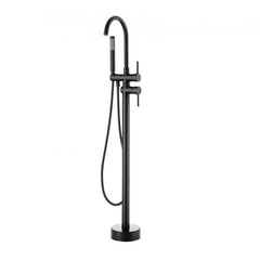 Matte black freestanding bathtub faucet with 360° swivel spout and handheld shower.