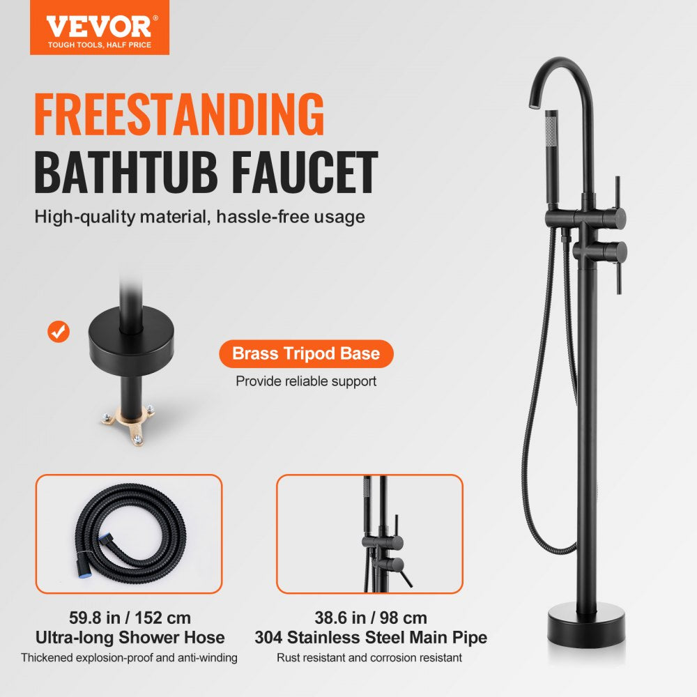 Matte black freestanding bathtub faucet with 360-degree swivel spout and handheld shower.