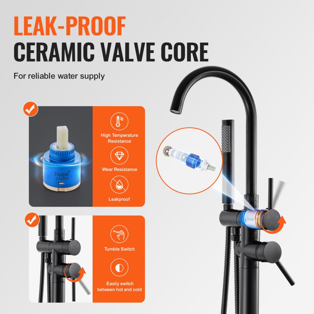 Matte black freestanding bathtub faucet with 360-degree swivel spout and handheld showerhead.