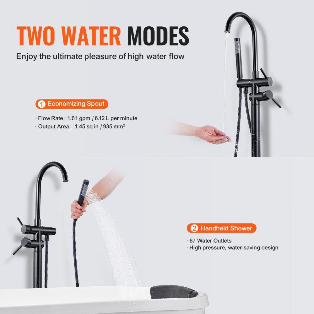 Matte black freestanding bathtub faucet with 360-degree swivel spout and handheld shower.