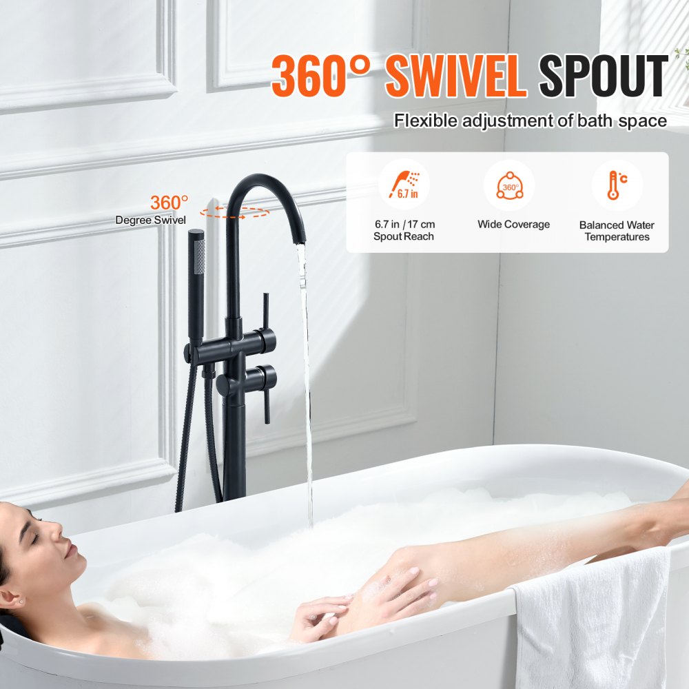 Matte black freestanding bathtub faucet with 360-degree swivel spout and handheld showerhead.