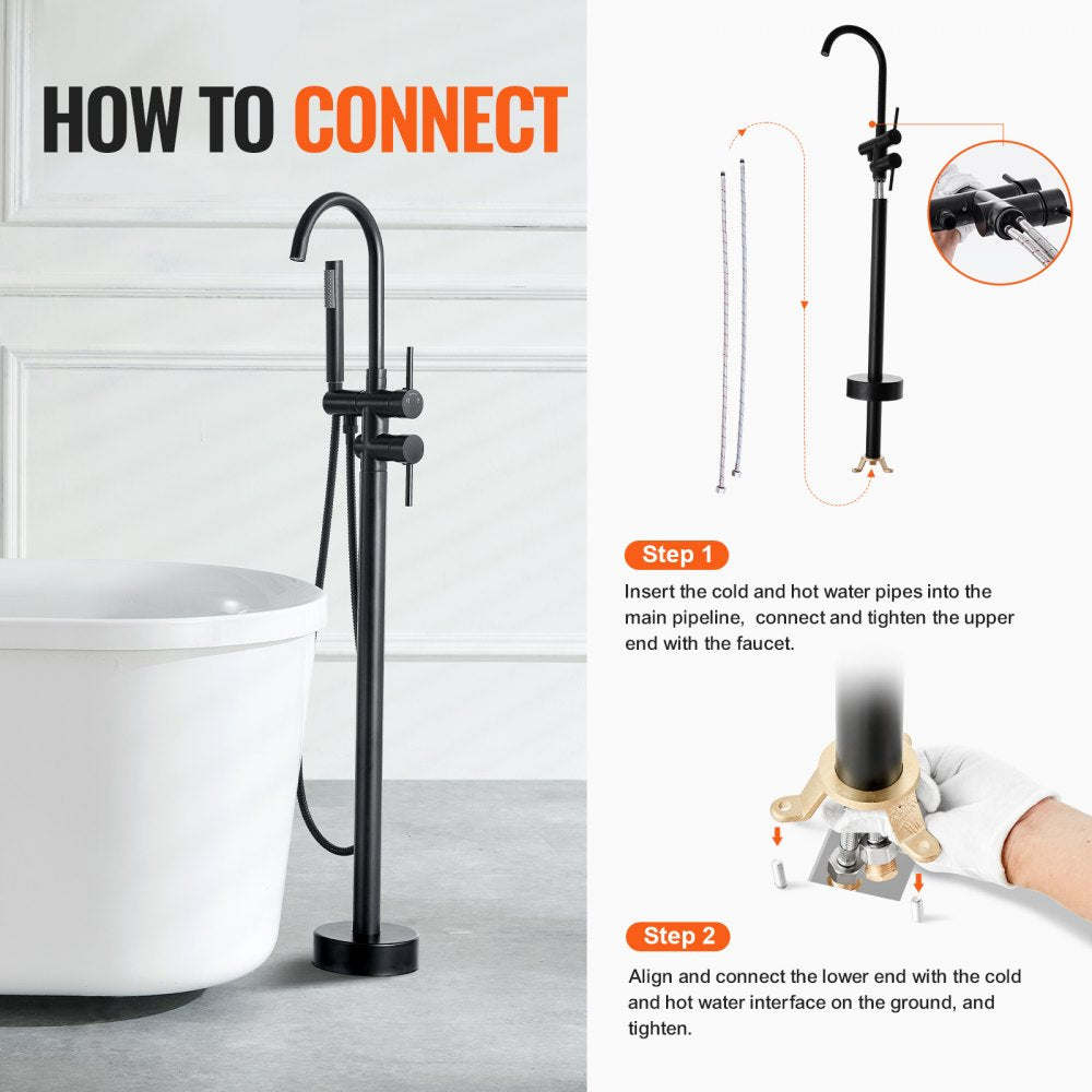Step-by-step guide showing installation of matte black freestanding bathtub faucet with swivel spout.