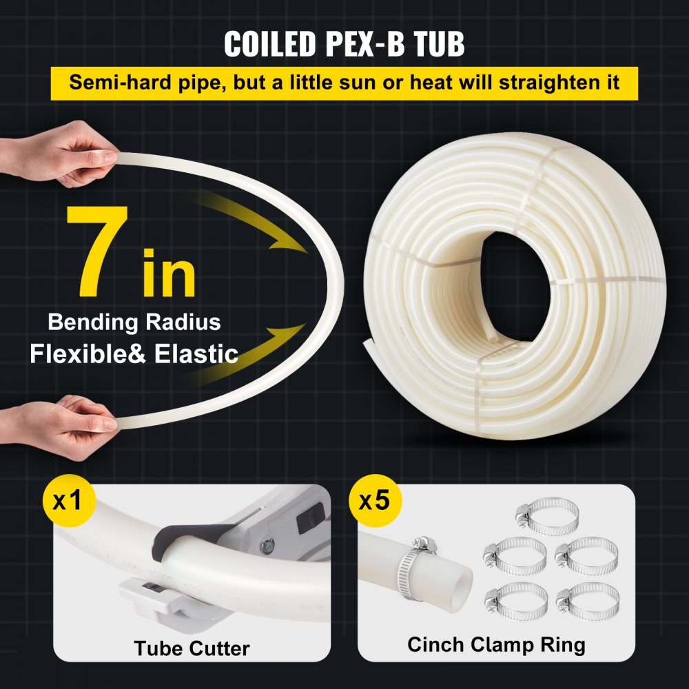 White 1-inch PEX-B tubing coil, 500 feet, with tube cutter and 5 cinch clamps.