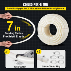 White 1-inch PEX-B tubing coil, 500 feet, with tube cutter and 5 cinch clamps.