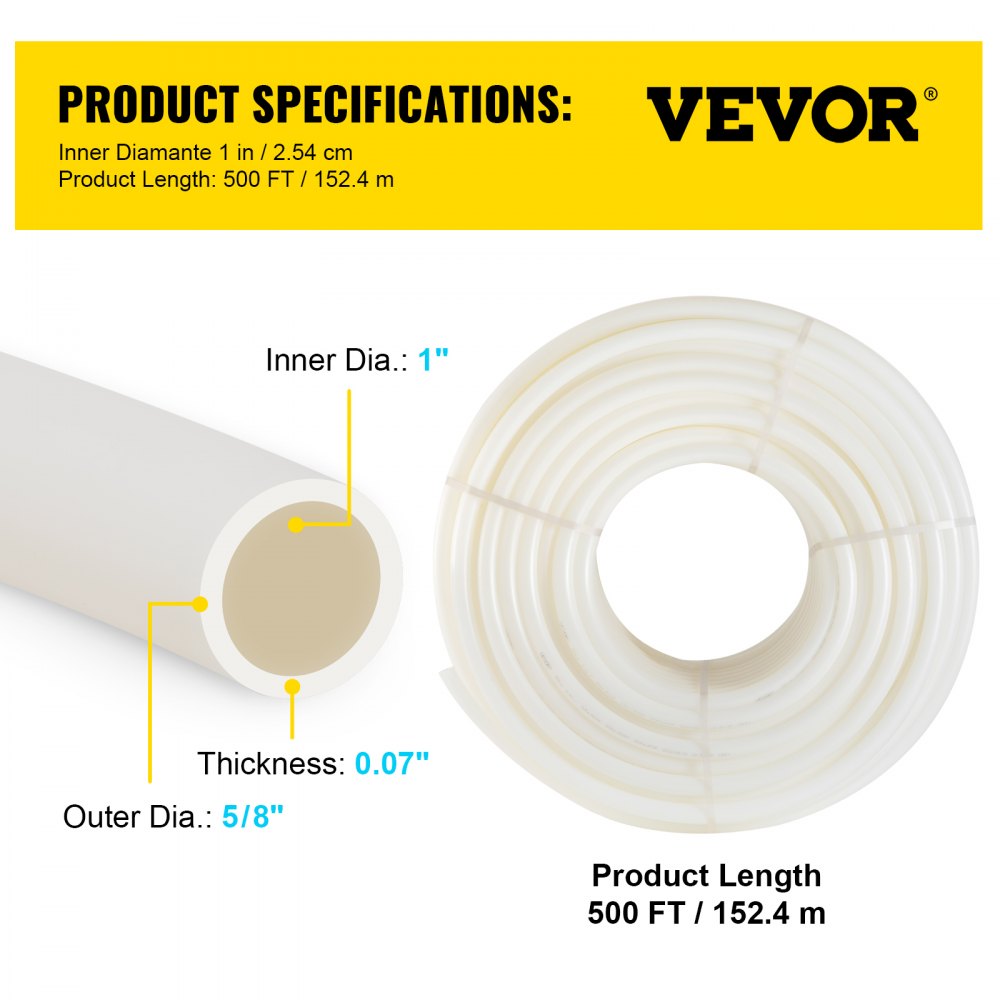 White 1-inch PEX-B tubing coil, 500 feet long, with inner diameter and thickness labels.