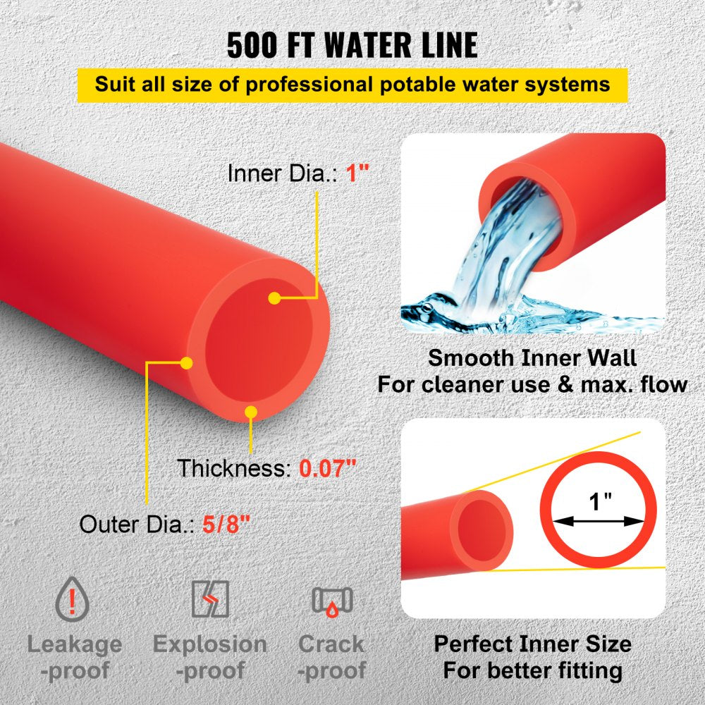 Red 1" x 500 FT PEX-B pipe with a thickness of 0.07" for flexible water distribution.