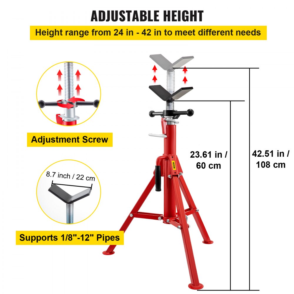 Red adjustable V-head pipe stand with tripod legs and screw for 24 to 42 inch height range