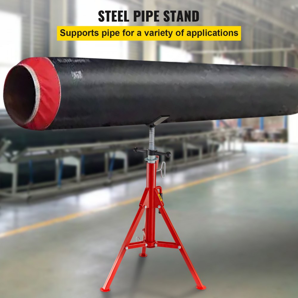 Folding steel pipe stand with adjustable height from 28 to 52 inches and V-head cradle.