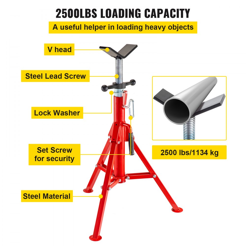 Bostome V-Head Pipe Stand with adjustable height, folding design, and 2500 lbs capacity.