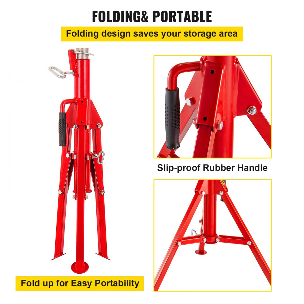 Folding steel pipe stand with adjustable height, supports up to 2500 lbs, and features a V-head.