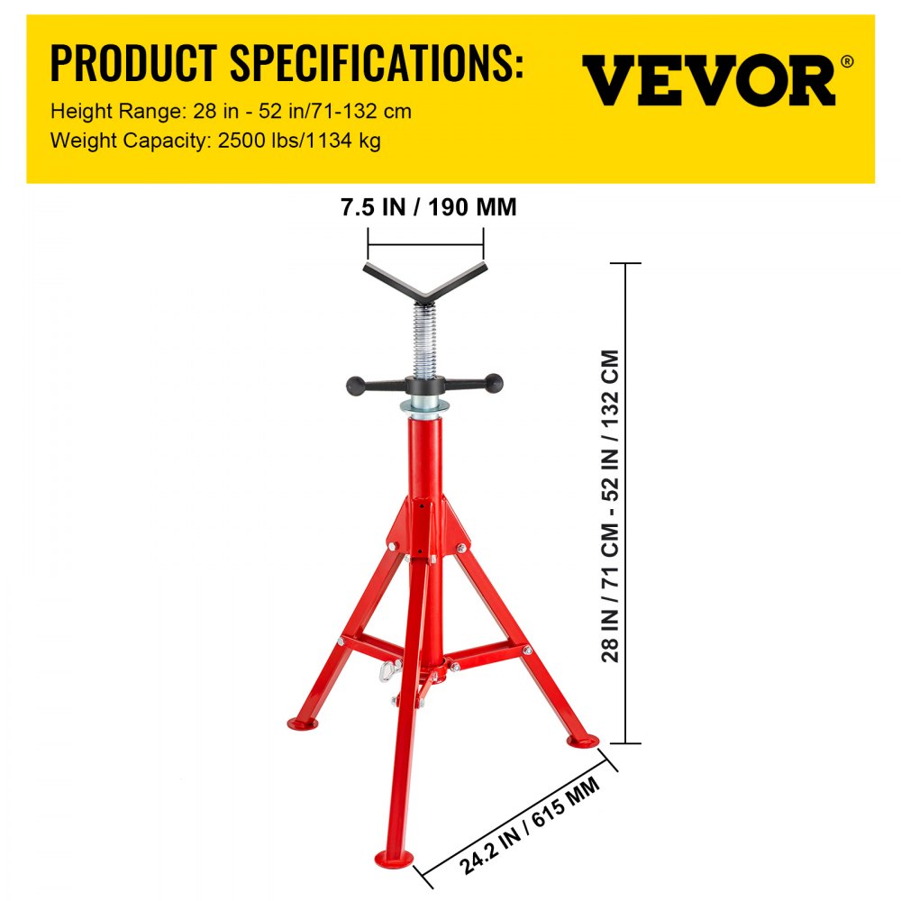 Folding steel pipe stand with adjustable height, supporting up to 2500 lbs for various pipe sizes.