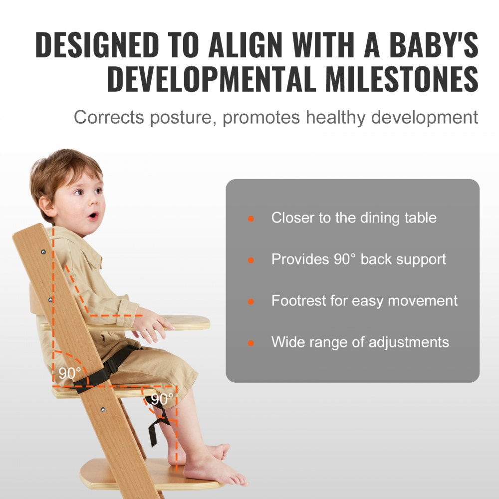 Wooden High Chair for Babies & Toddlers, Convertible Adjustable Feeding Chair, Eat & Grow High Chair with Tray, Grow with Kid Portable Baby Dining Booster Seat, Beech Wood Toddler Chair, Natural