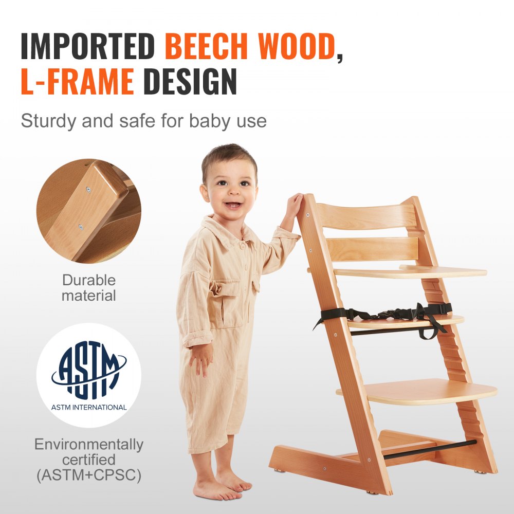 Wooden High Chair for Babies & Toddlers, Convertible Adjustable Feeding Chair, Eat & Grow High Chair with Tray, Grow with Kid Portable Baby Dining Booster Seat, Beech Wood Toddler Chair, Natural
