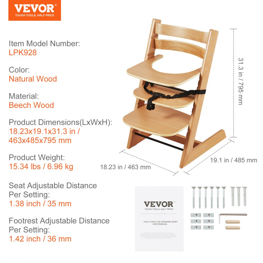 Wooden High Chair for Babies & Toddlers, Convertible Adjustable Feeding Chair, Eat & Grow High Chair with Tray, Grow with Kid Portable Baby Dining Booster Seat, Beech Wood Toddler Chair, Natural