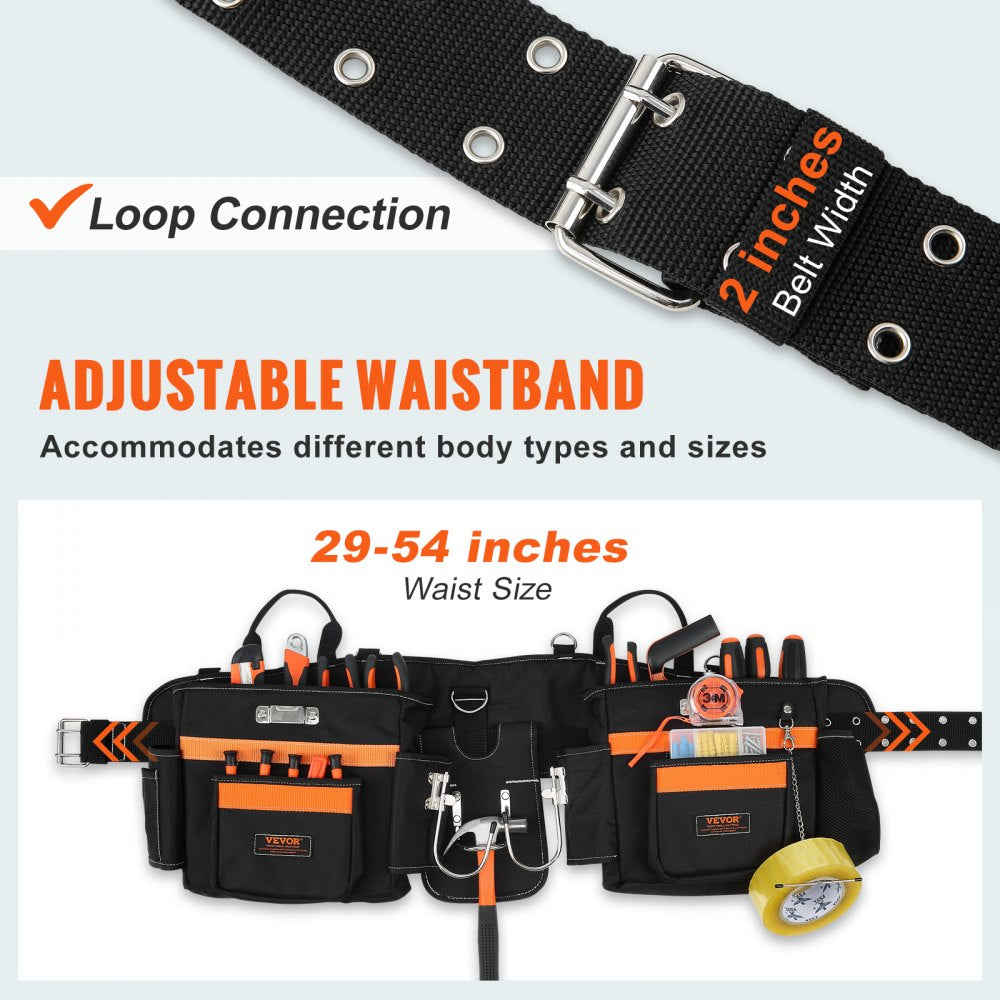 Tool Belt with Suspenders, 29 Pockets, 29-54 inches Adjustable Waist Size, Tool Belts for Men, 600D Polyester Heavy Duty Carpenter Tool Pouch for Carpenters, Electricians, and Gardening, Black