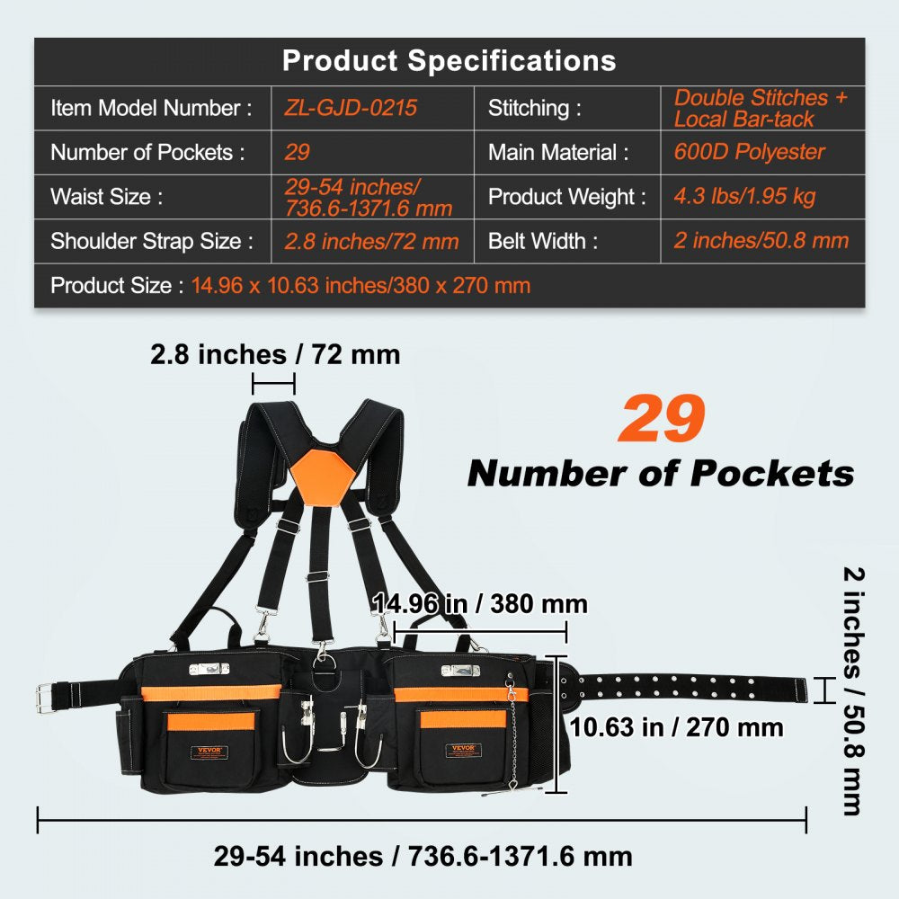 Tool Belt with Suspenders, 29 Pockets, 29-54 inches Adjustable Waist Size, Tool Belts for Men, 600D Polyester Heavy Duty Carpenter Tool Pouch for Carpenters, Electricians, and Gardening, Black