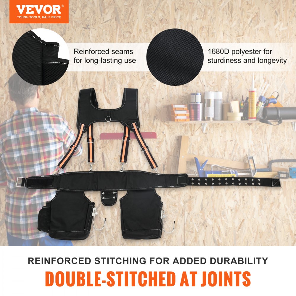 Tool Belt with Suspenders 1680D Polyester, 29 Pockets, 29-54 inches Adjustable Waist Size, Tool Belts for Men, Heavy Duty Carpenter Tool Pouch for Carpenters, Electricians, and Gardening, Black