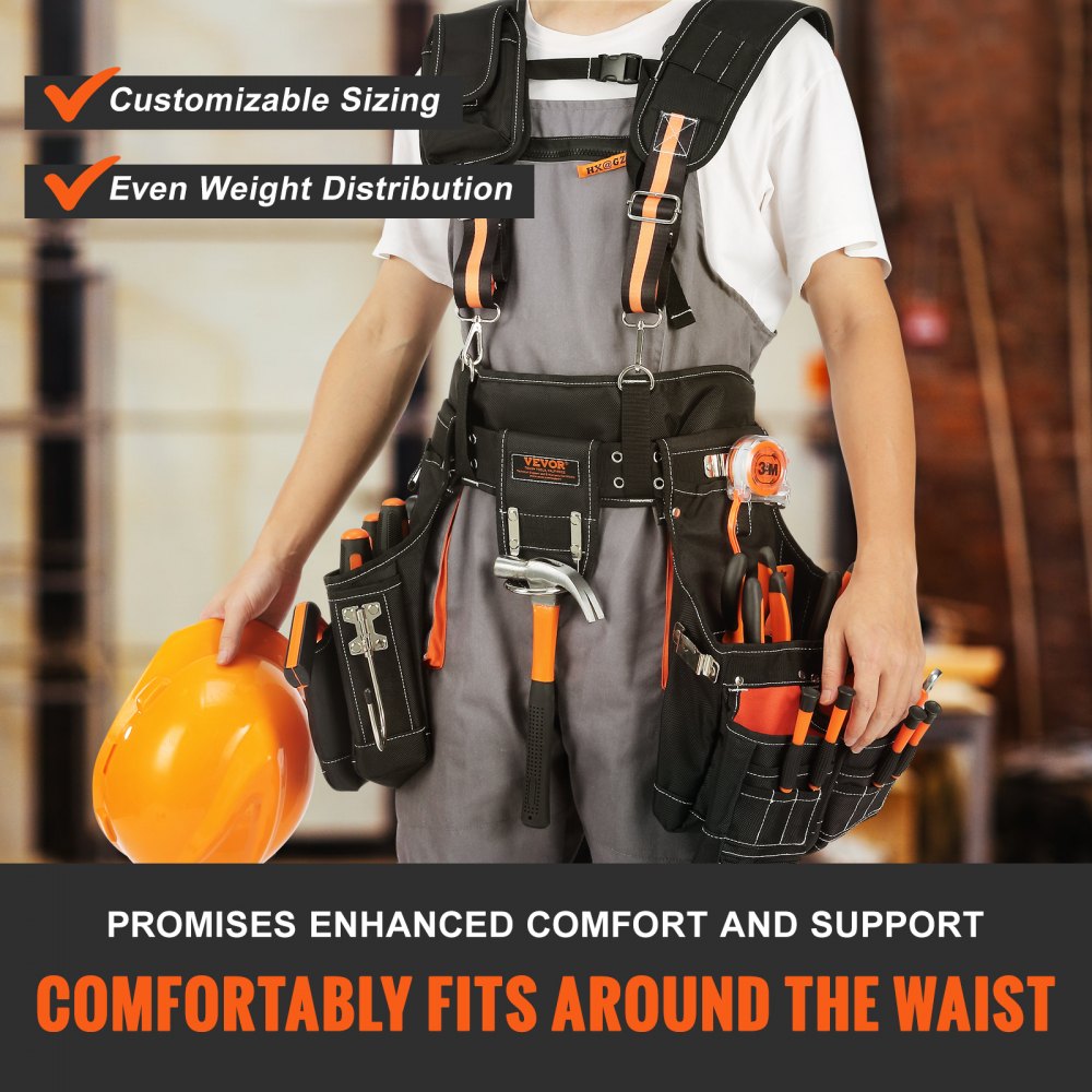 Tool Belt with Suspenders 1680D Polyester, 29 Pockets, 29-54 inches Adjustable Waist Size, Tool Belts for Men, Heavy Duty Carpenter Tool Pouch for Carpenters, Electricians, and Gardening, Black