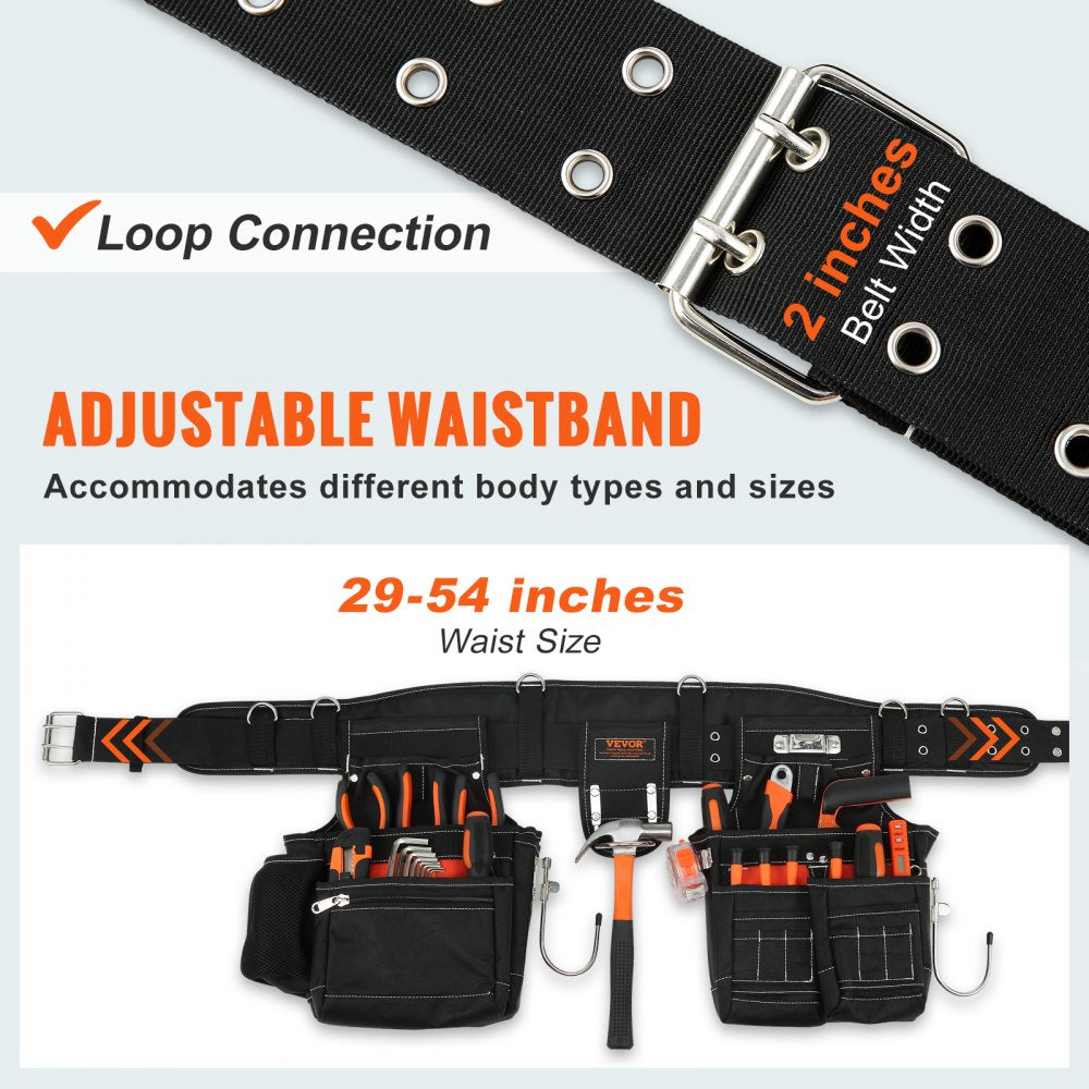 Tool Belt with Suspenders 1680D Polyester, 29 Pockets, 29-54 inches Adjustable Waist Size, Tool Belts for Men, Heavy Duty Carpenter Tool Pouch for Carpenters, Electricians, and Gardening, Black