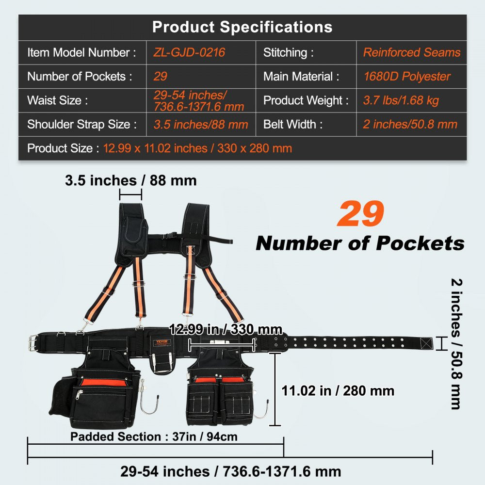 Tool Belt with Suspenders 1680D Polyester, 29 Pockets, 29-54 inches Adjustable Waist Size, Tool Belts for Men, Heavy Duty Carpenter Tool Pouch for Carpenters, Electricians, and Gardening, Black
