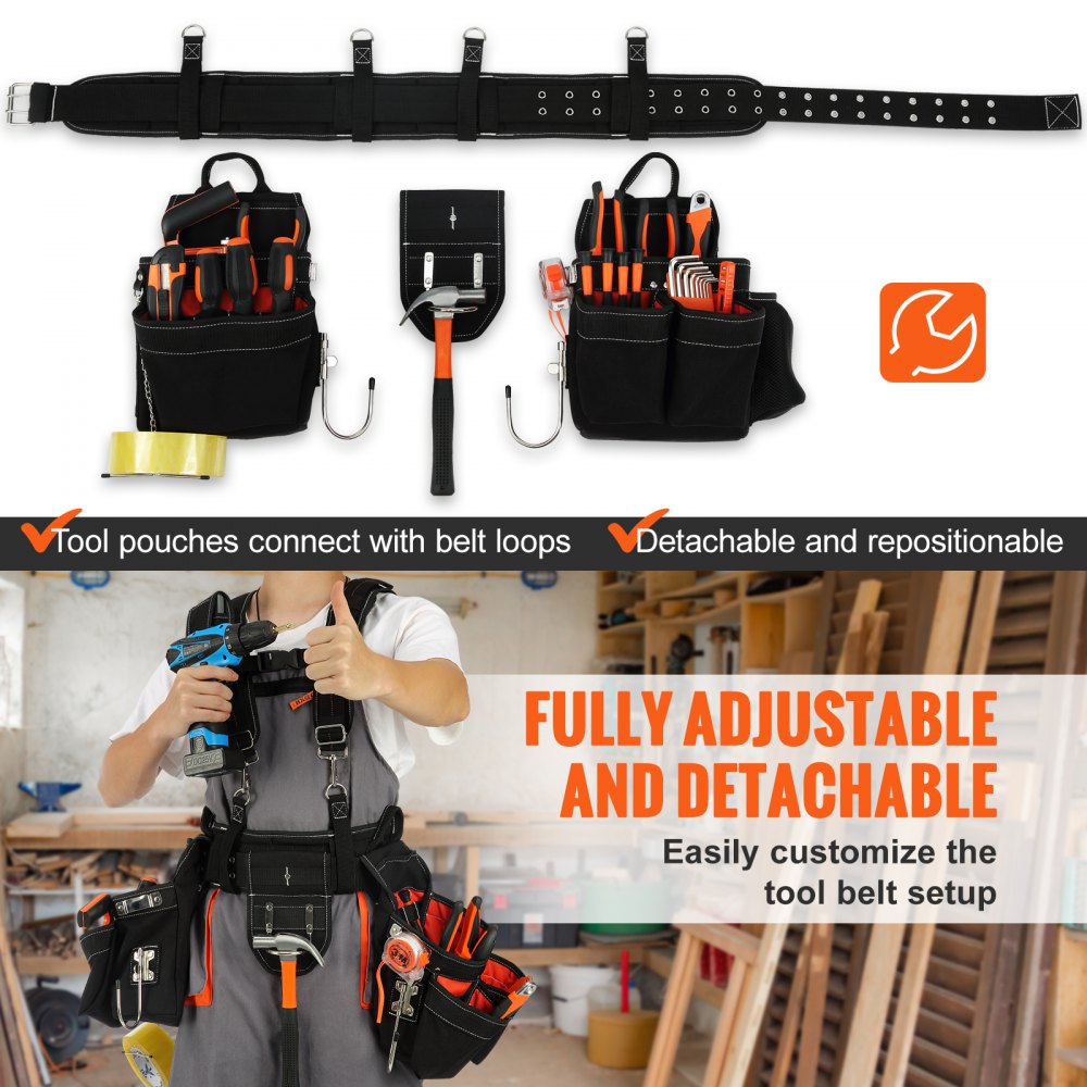 Tool Belt with Suspenders, 34 Pockets, 29-54 inches Adjustable Waist Size, Tool Belts for Men, 1250D Nylon Heavy Duty Carpenter Tool Pouch for Carpenters, Electricians, and Gardening, Black