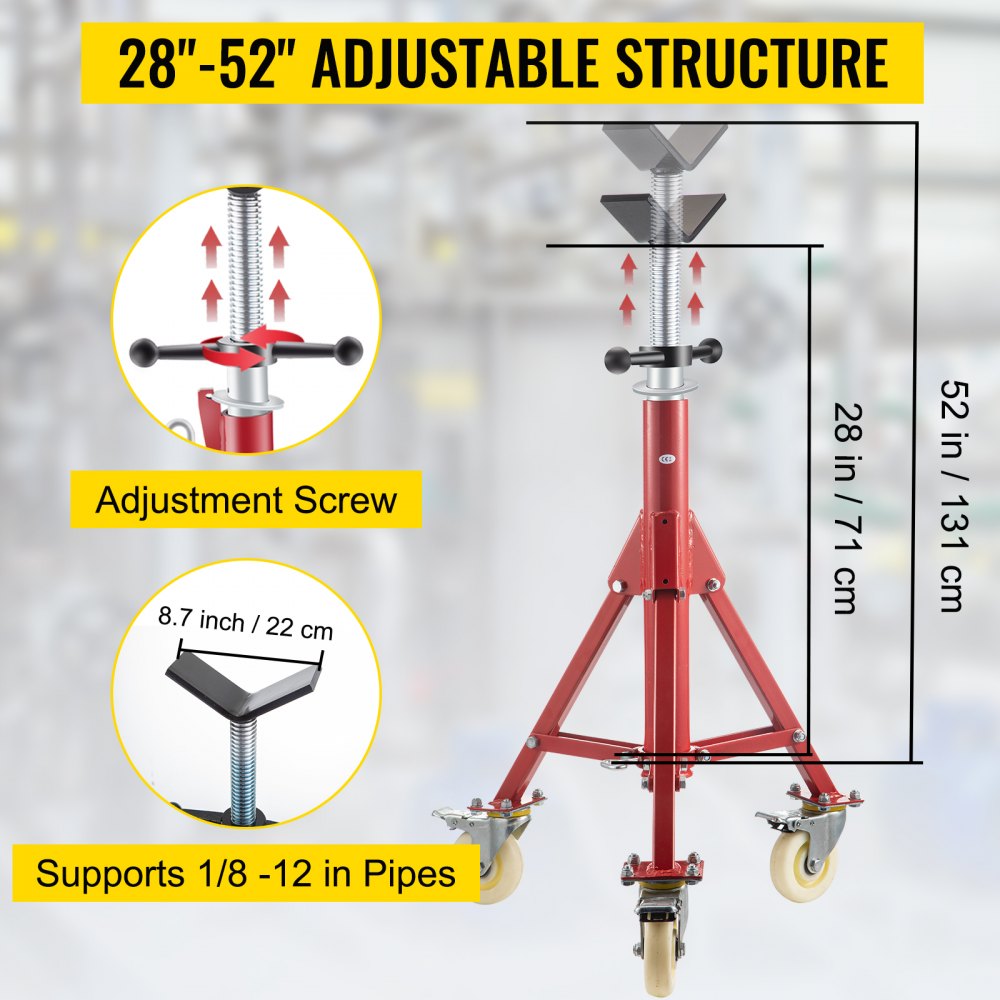 Pipe Stand, Pipe Jack Stand, V Head Pipe Stand Adjustable Height 28-52 Inch, Pipe Jack Stands with Casters 882 LB, Folding Portable Pipe Stands 1/8 to 12 Inch Pipe Supporting, Steel Jack Stand