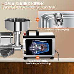 110V Electric Tomato Strainer 370W Commercial Grade Tomato Milling Machine Stainless Steel Tomato Press and Strainer 90-160 Kg/H Pure Copper Motor Food Strainer and Sauce Maker