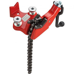 Red cast iron bench chain pipe vise with adjustable chain for 1/8-5 inch pipes.