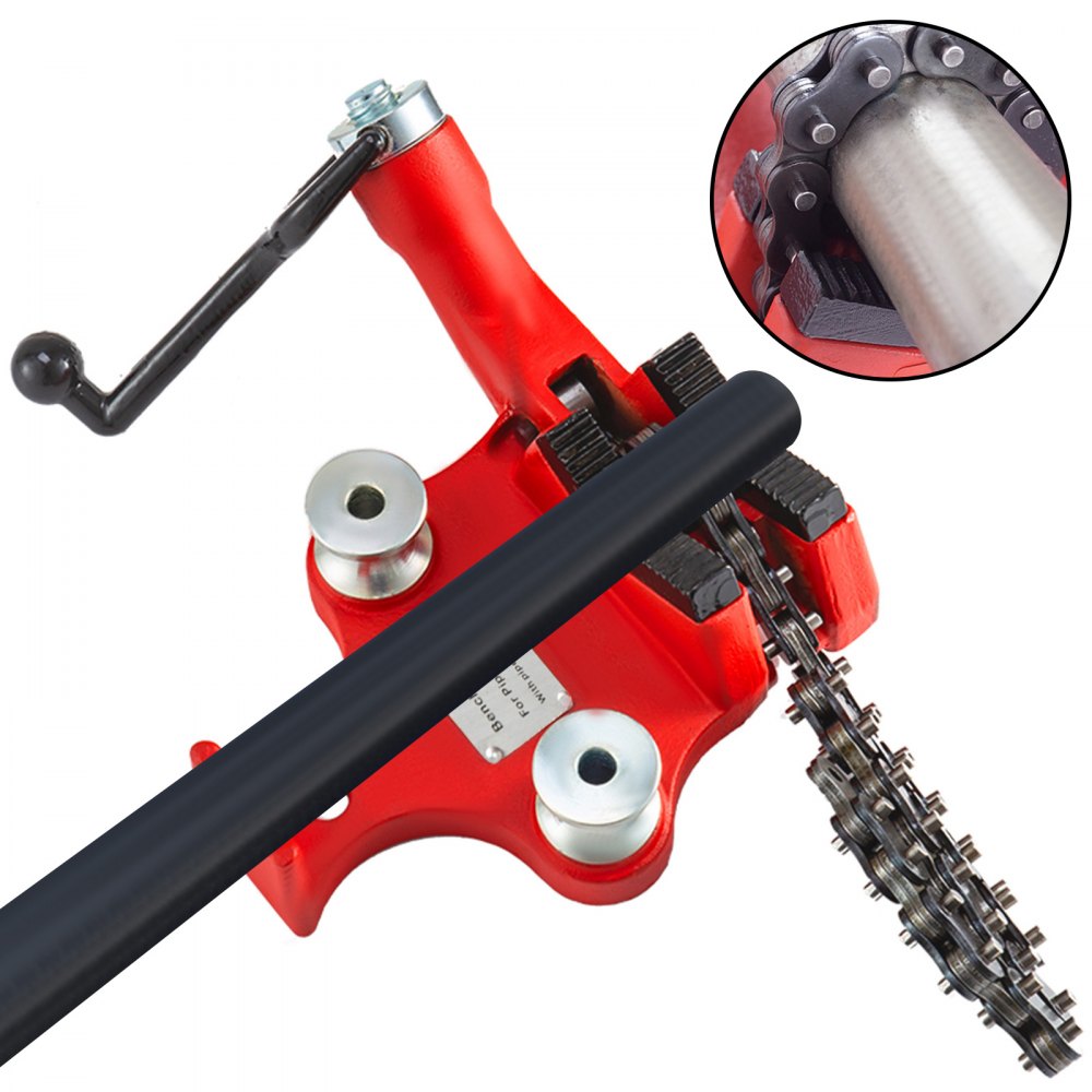 Red cast iron bench chain pipe vise with black chain gripping a pipe, for 1/8-5 inch sizes.