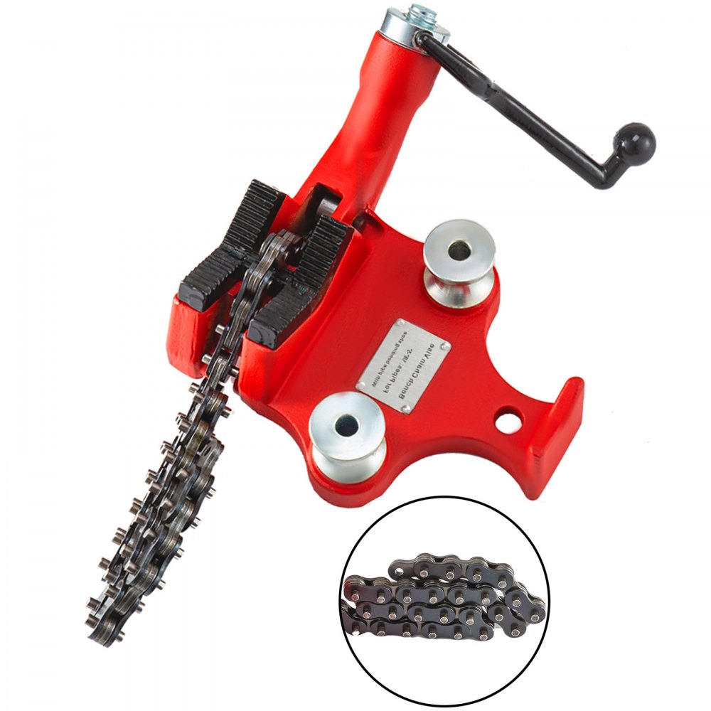 Red heavy-duty cast iron bench chain pipe vise with crank handle for 1/8-5 inch pipes.