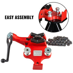 Red cast iron bench chain pipe vise with black base, gripping 1/8-5 inch pipes.