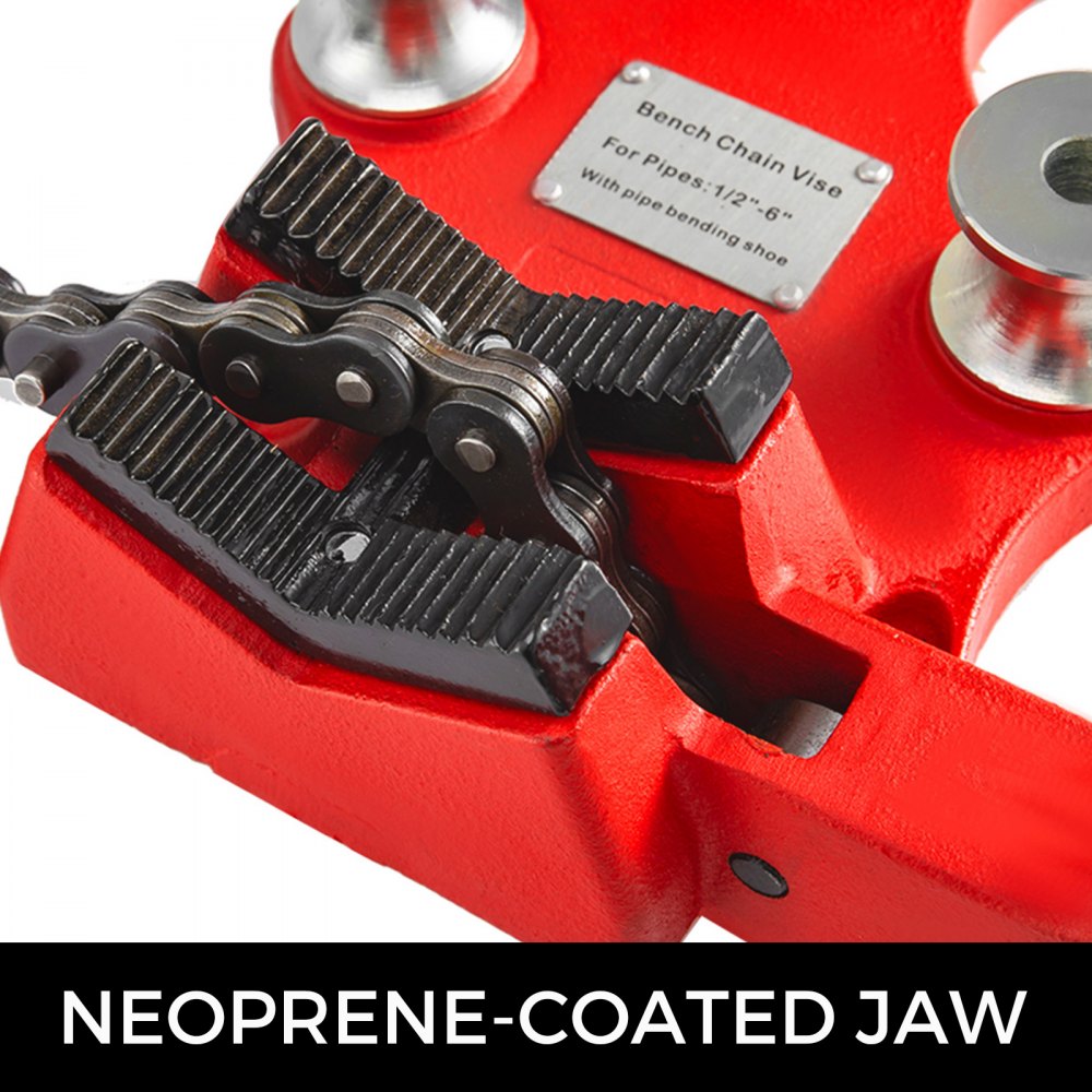 Red cast iron bench chain pipe vise with neoprene-coated jaws for 1/8-5 inch pipes.