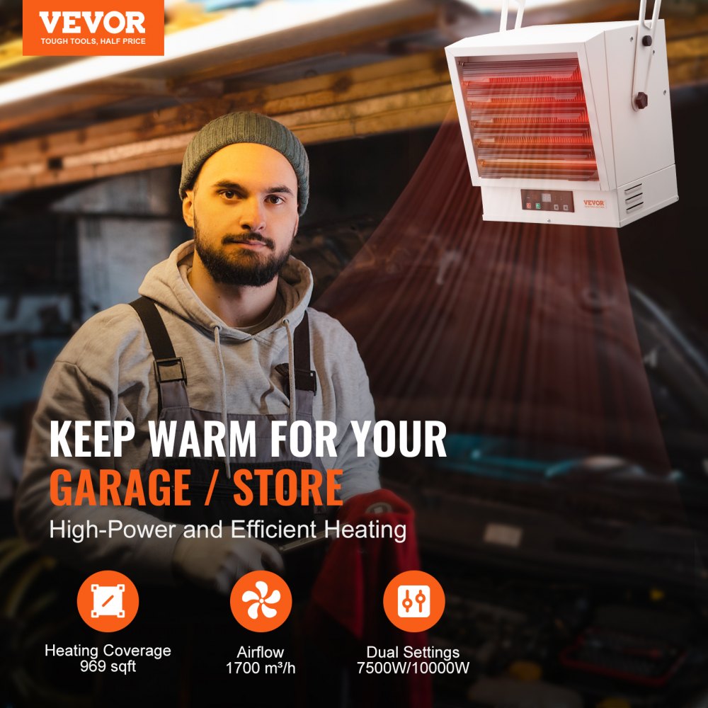 Electric Garage Heater, 10000-Watt Digital Fan-Forced Wall/Ceiling Mount Shop Heater, with Remote Control Overheat Protection, Hardwired Heater with 9-Hour Timer, Ideal for Workshop, ETL Listed