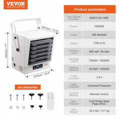 Electric Garage Heater, 10000-Watt Digital Fan-Forced Wall/Ceiling Mount Shop Heater, with Remote Control Overheat Protection, Hardwired Heater with 9-Hour Timer, Ideal for Workshop, ETL Listed